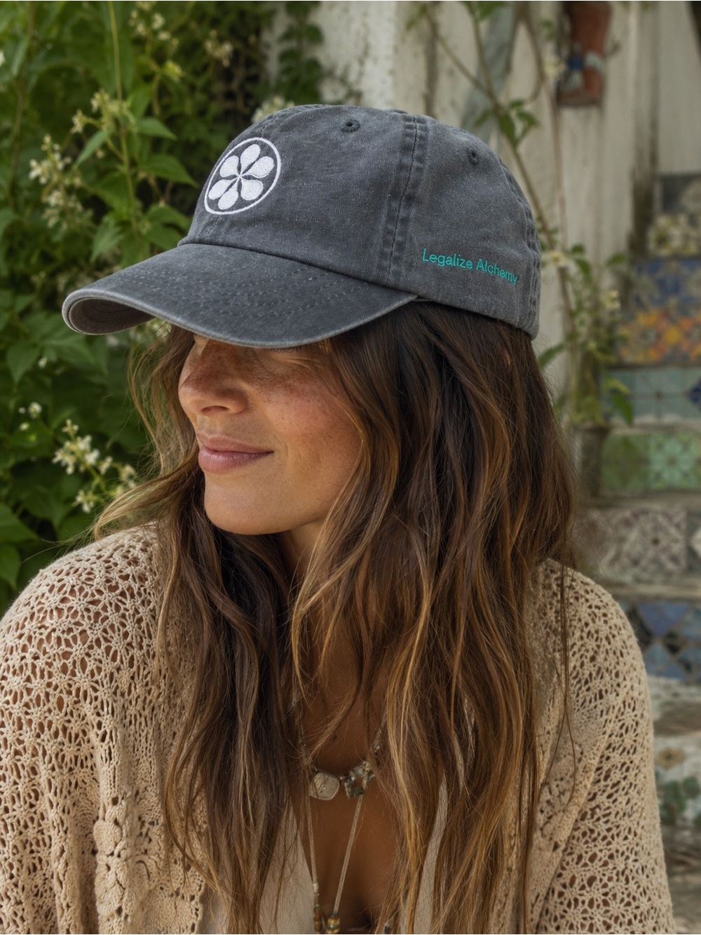 NWOT Gray Embroidered Dad Cap | White Flower Patch, Legalize Alchemy
